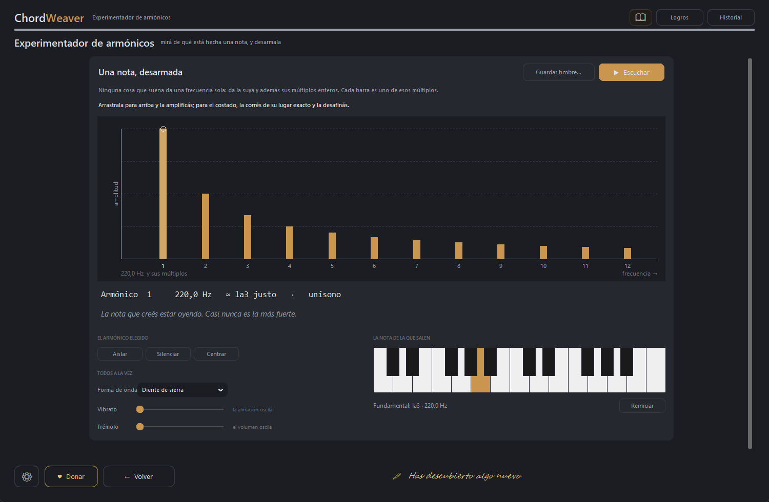 El experimentador de armónicos, con las doce barras de la serie y los controles de vibrato