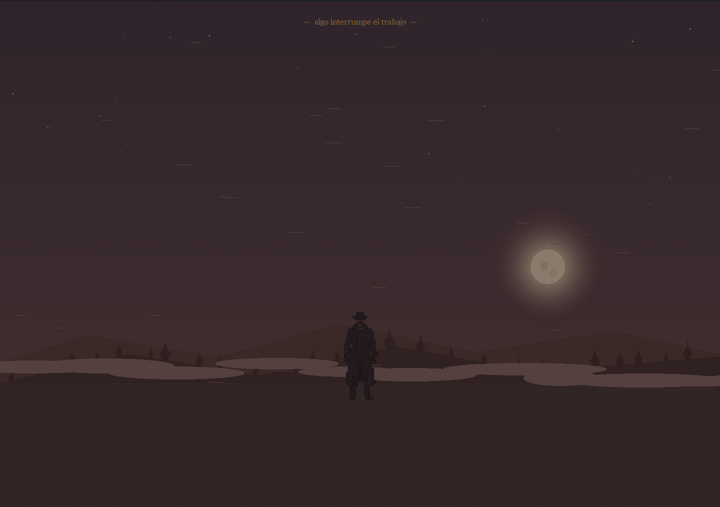 Un valle de noche, con la luna y una figura a lo lejos