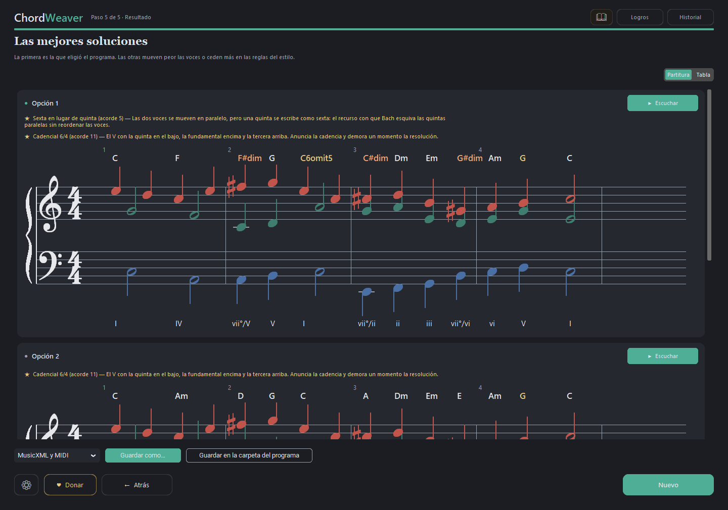 Un resultado del Armonizador en partitura. La melodía va arriba, el cifrado encima de cada acorde y los grados debajo, entre ellos vii°/V, vii°/ii y vii°/vi